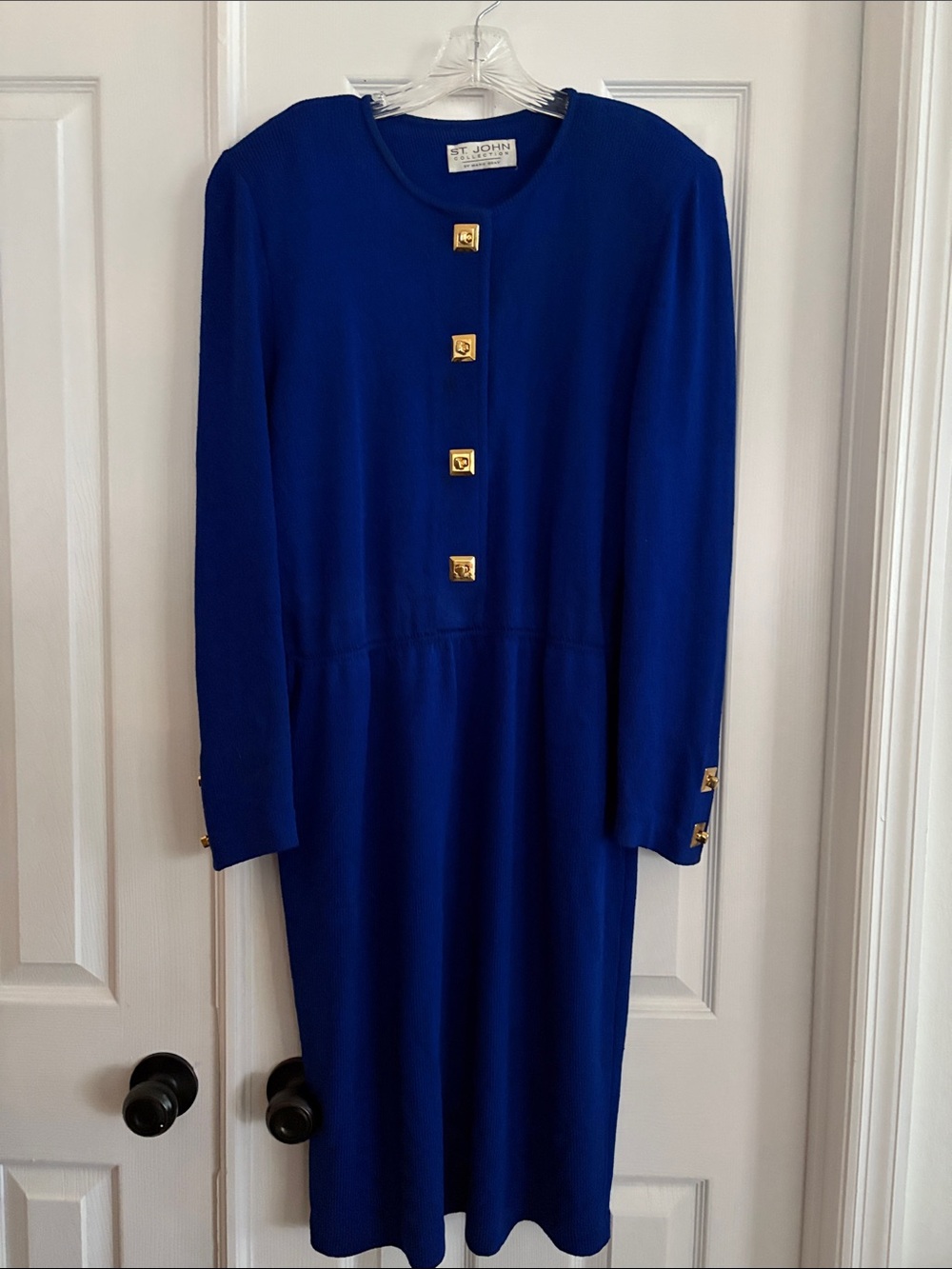 St. John Vintage Cobalt Blue Long Sleeve Sheath stretch knit Dress Gold Buttons